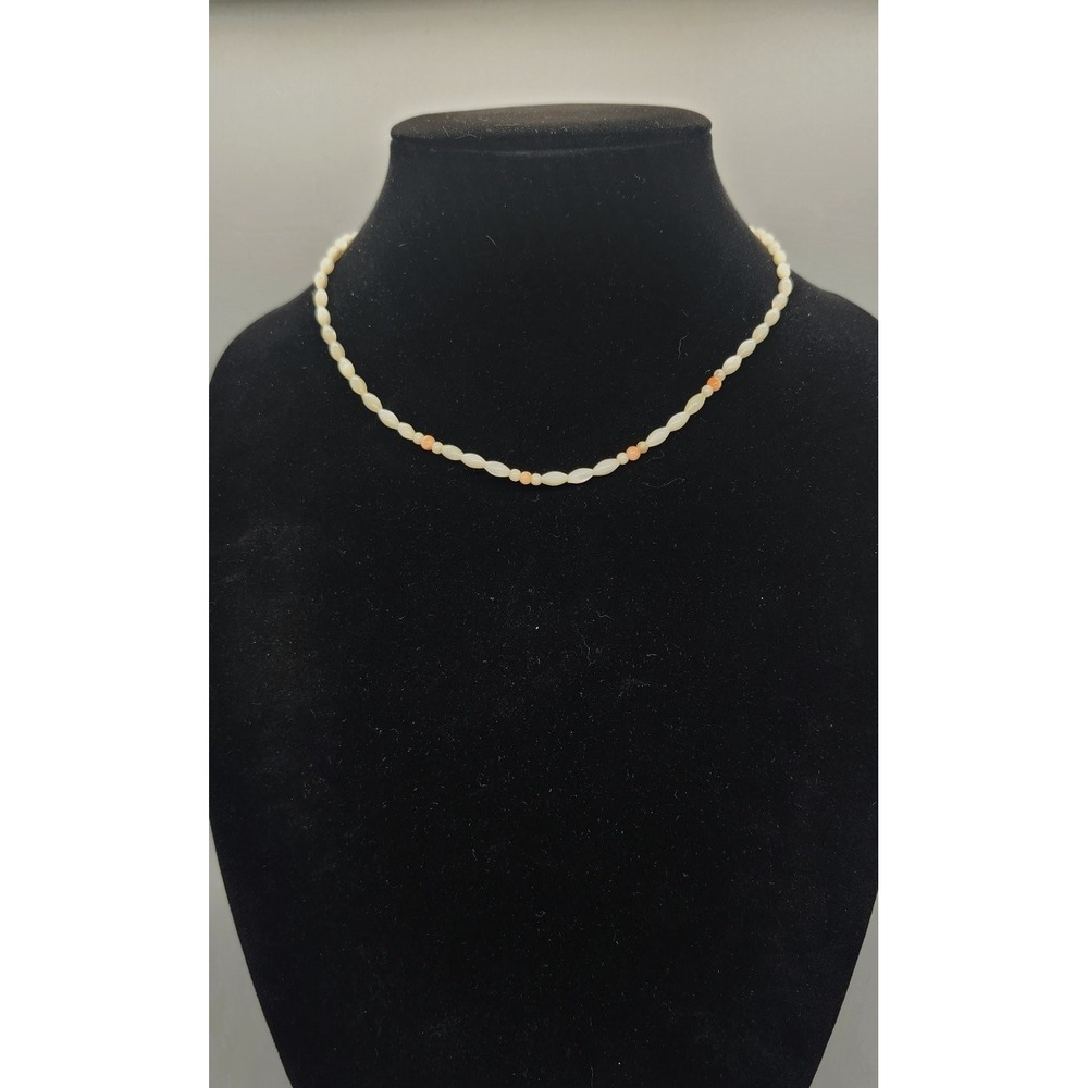 Vintage Faux Mother of Pearl & Coral Beaded Choker Necklace 16" Gold Tone